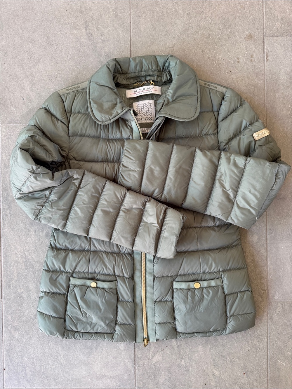 Geox Beautiful Sage Green Quilted  Down  Puffer with Gold Tone Zipper and Trims